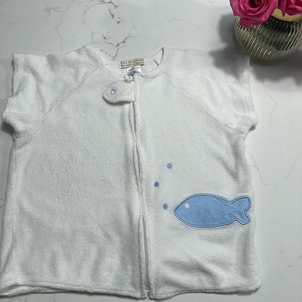 The Beaufort Bonnet Company White  Kids Swim Coverup with Fish 3T